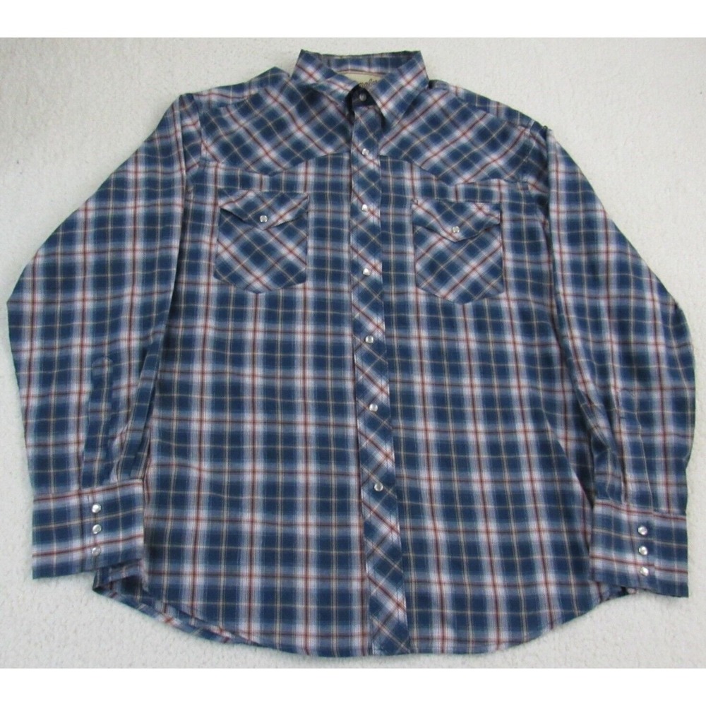 Vintage Wrangler Shirt Mens Large Pearl Snap Western Cowboy Slim Fit‎ Blue Plaid